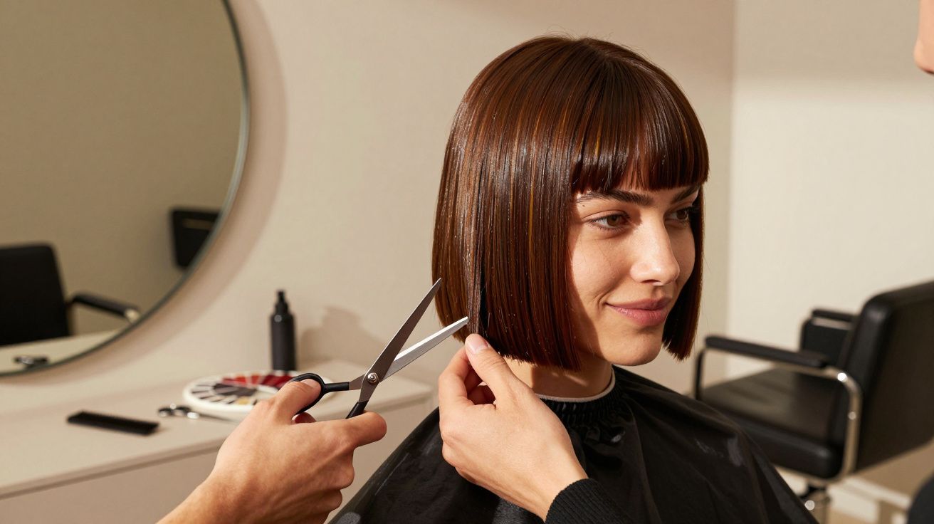 Cabeleireiro a cortar cabelo castanho de mulher jovem com estilo bob num salão moderno.