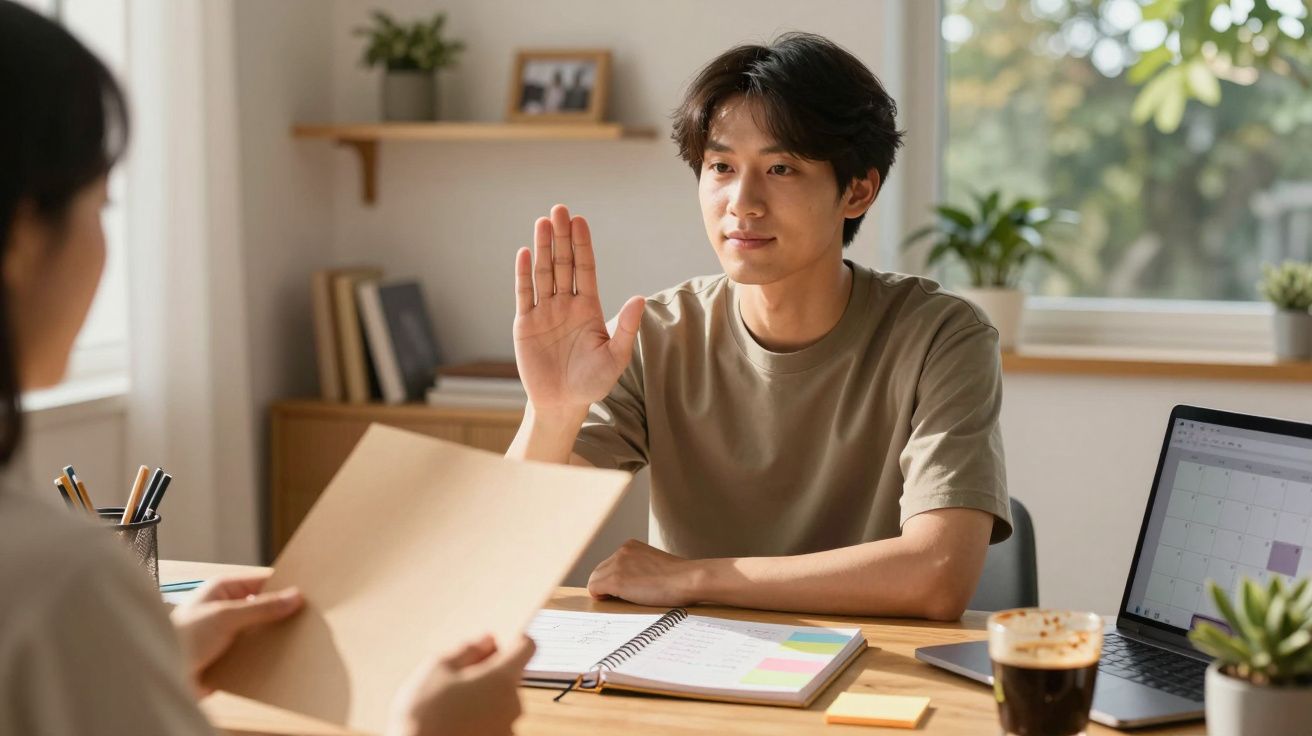 Homem num escritório com a mão levantada, sentado em frente a uma mulher que entrega um documento.