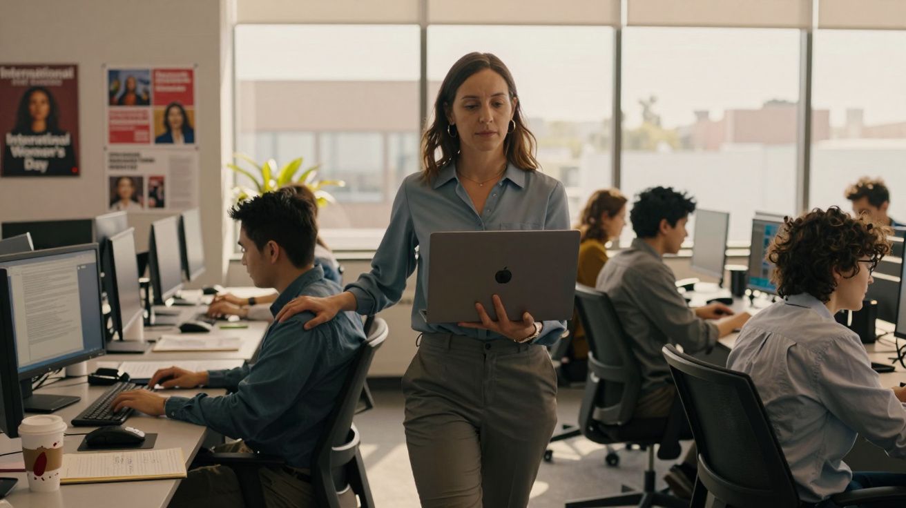 Mulher com laptop orienta colegas que trabalham em computadores num escritório aberto e moderno.