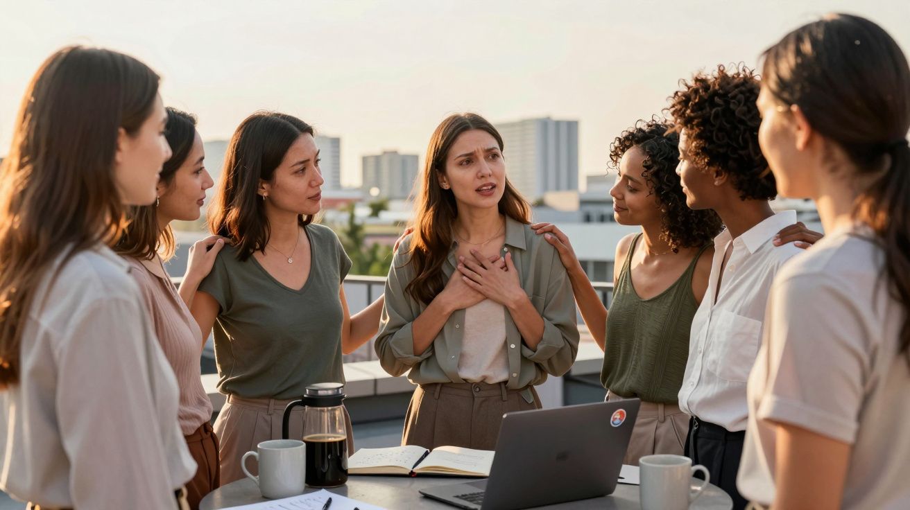 Grupo de mulheres a apoiar colega preocupada durante reunião informal ao ar livre numa esplanada.