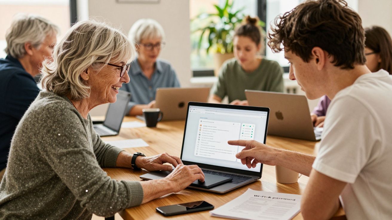 Grupo de pessoas de várias idades a colaborar com computadores numa reunião informal numa mesa de madeira.