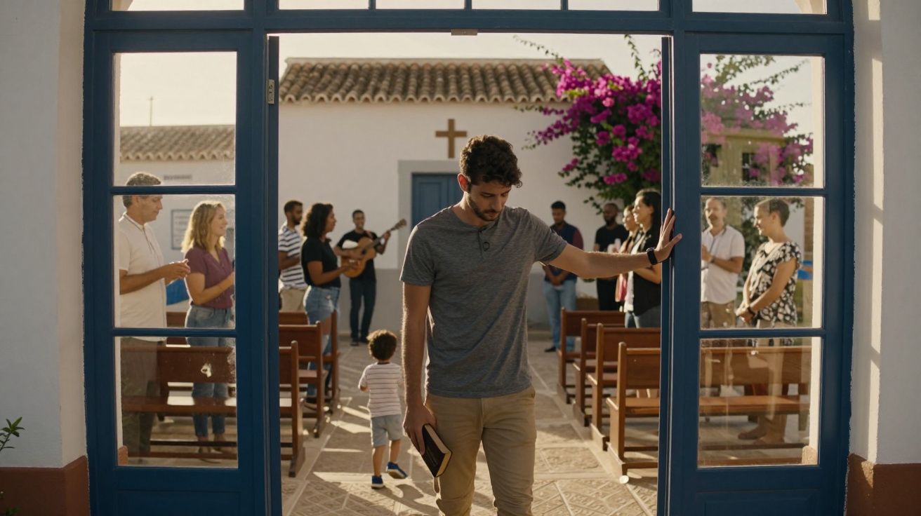 Homem com Bíblia na mão sai de igreja com pessoas em oração ao fundo num dia ensolarado.