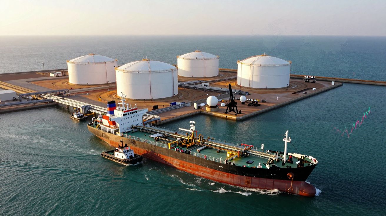 Navio petroleiro junto a um terminal marítimo com grandes tanques de armazenamento ao pôr do sol.