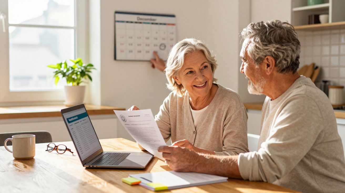 Casal sénior a analisar documentos e calendário na cozinha com computador portátil à frente.