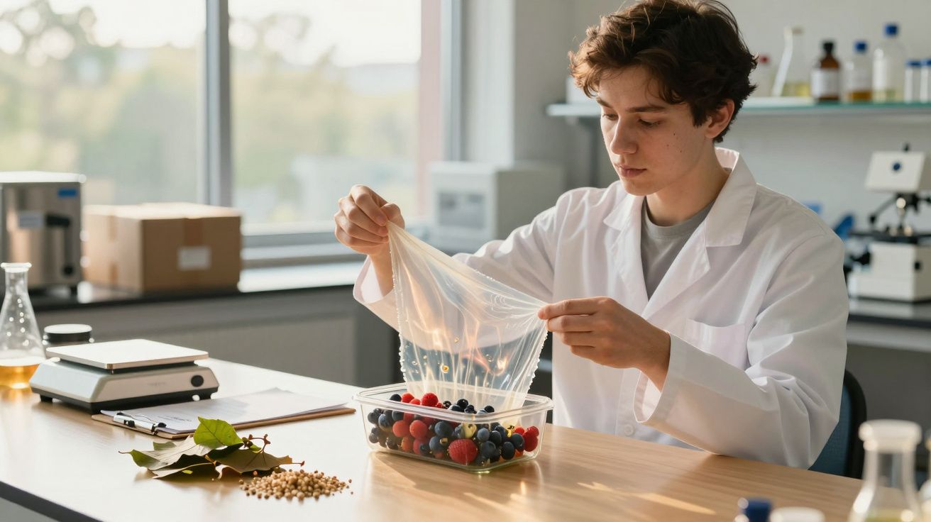 Jovem cientista cobre frutas vermelhas com película transparente num laboratório moderno.