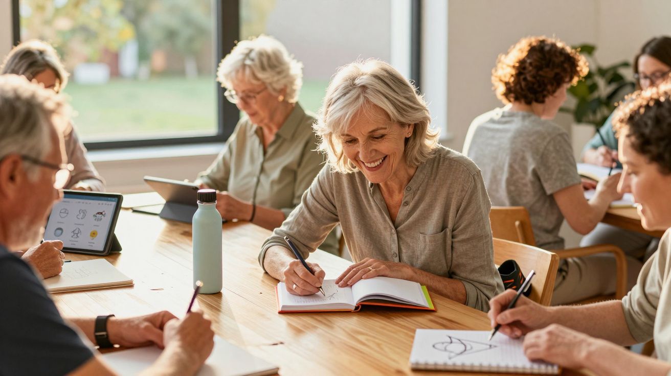 Grupo de idosos sentados à mesa a desenhar e escrever em cadernos, numa atividade recreativa em grupo.