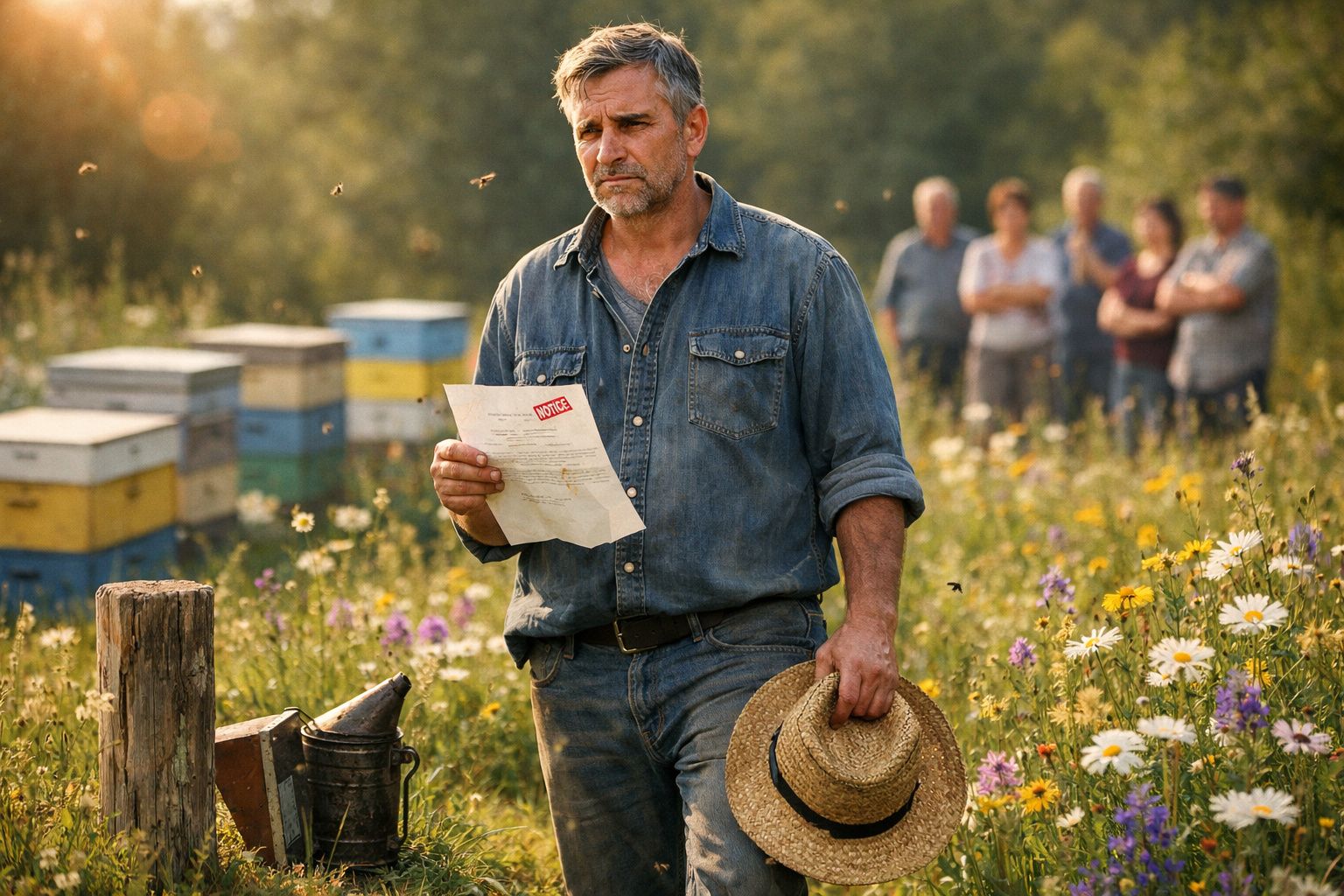 Homem de camisa azul segura aviso em campo com colmeias, abelhas e flores, com grupo desfocado ao fundo.