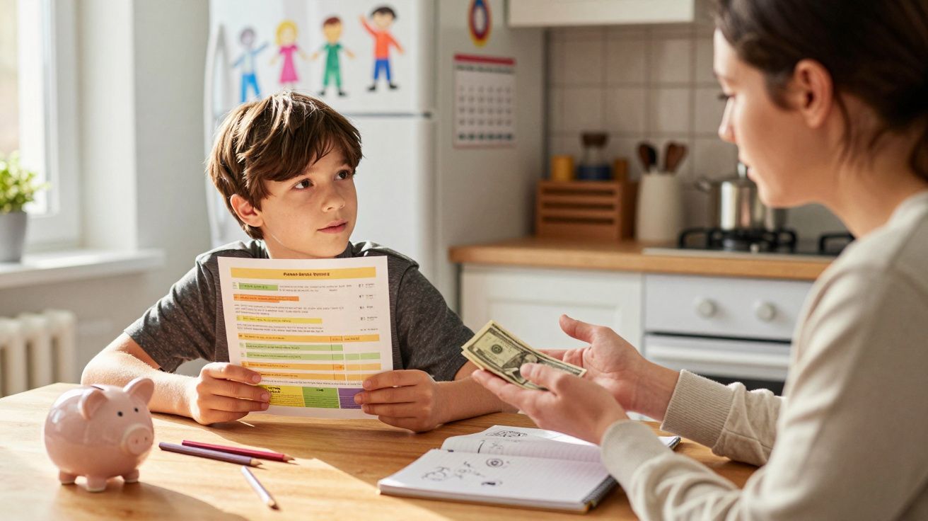 Criança mostra uma folha a adulto que segura notas de dinheiro numa mesa com mealheiro e material escolar.