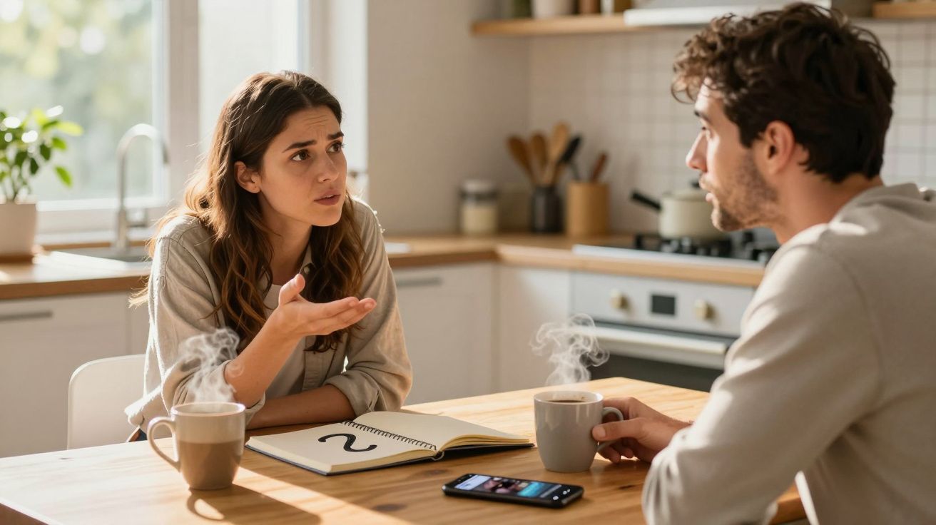 Casal jovem a conversar com expressão séria numa cozinha, com café quente numa mesa de madeira.