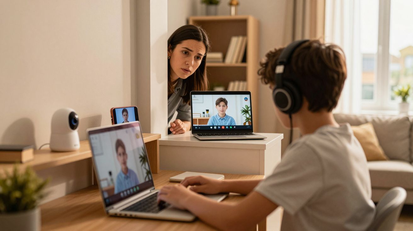 Criança com auscultadores a fazer aula online com uma mulher observando numa divisão doméstica.