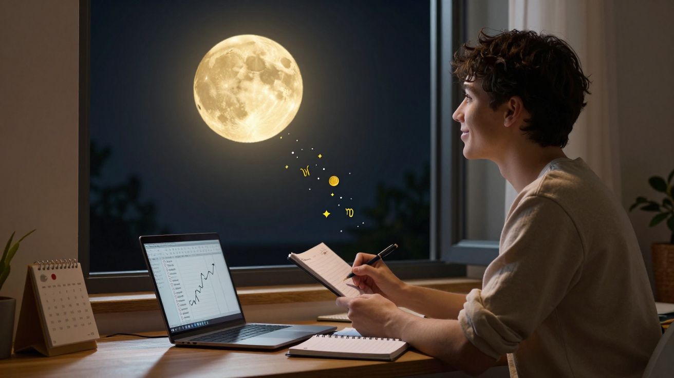 Pessoa a estudar à noite perto da janela com computador, caderno e lua cheia brilhante visível.