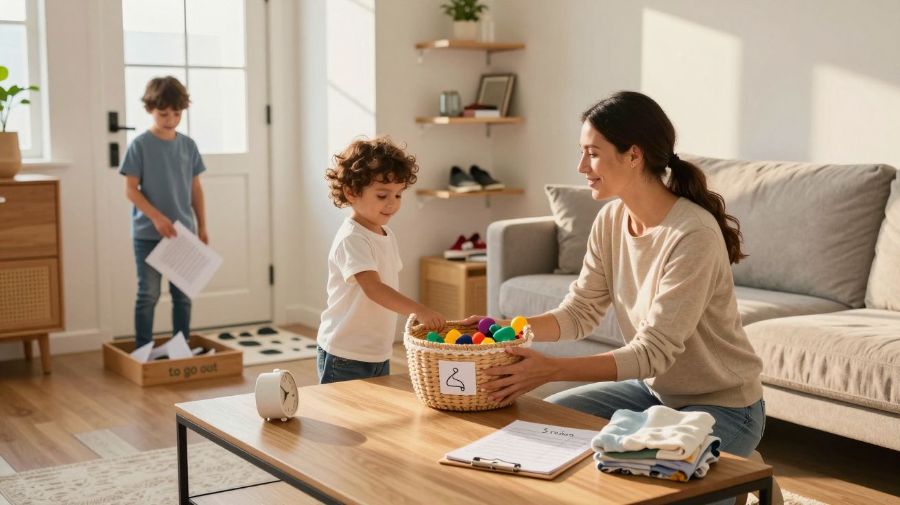Mulher ajuda criança a arrumar brinquedos numa sala enquanto outro menino observa.
