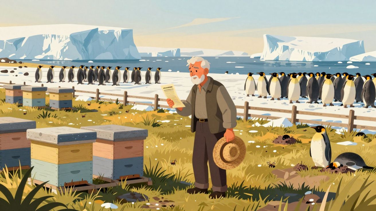 Homem idoso lê documento junto a colmeias com pinguins e icebergues ao fundo numa paisagem fria e gelada.