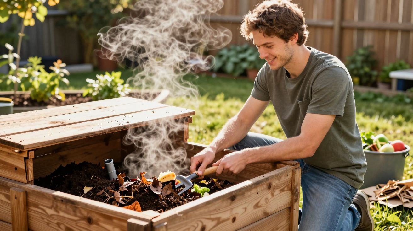 Homem a compostar resíduos orgânicos num caixote de madeira num jardim ensolarado.