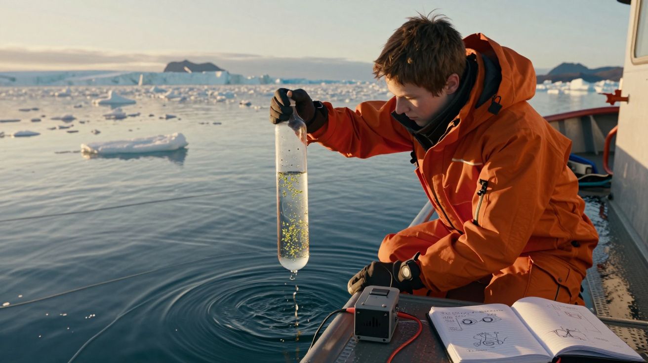 Pessoa em fato laranja coleta amostras de água do mar perto de icebergues a partir de um barco.