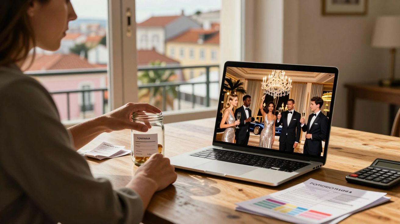 Mulher segura frasco de medicamentos enquanto vê festa elegante na tela de um portátil numa mesa de madeira.
