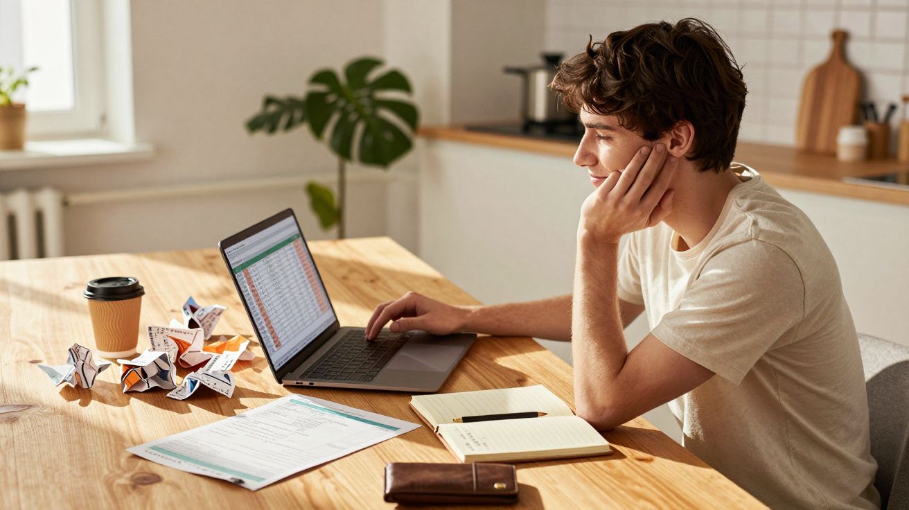 Homem jovem sentado à mesa a trabalhar no computador portátil, com papéis e caderno à sua frente.