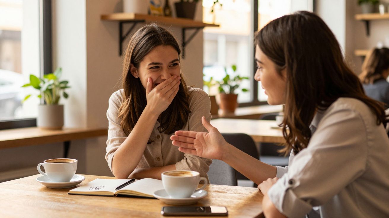 Duas mulheres a conversar animadamente numa cafetaria, com café e caderno sobre a mesa.