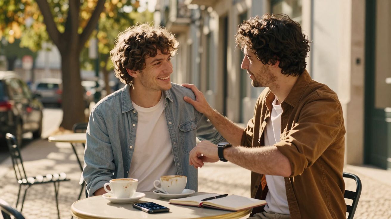 Dois homens conversam animadamente numa esplanada com café e caderno numa mesa redonda.