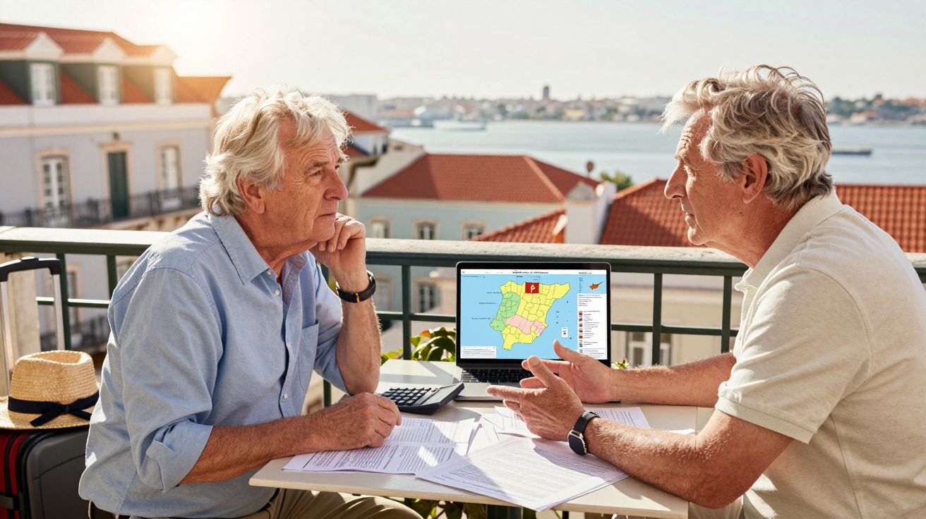 Dois homens idosos discutem documentos numa varanda com vista para cidade e computador com mapa de Espanha.