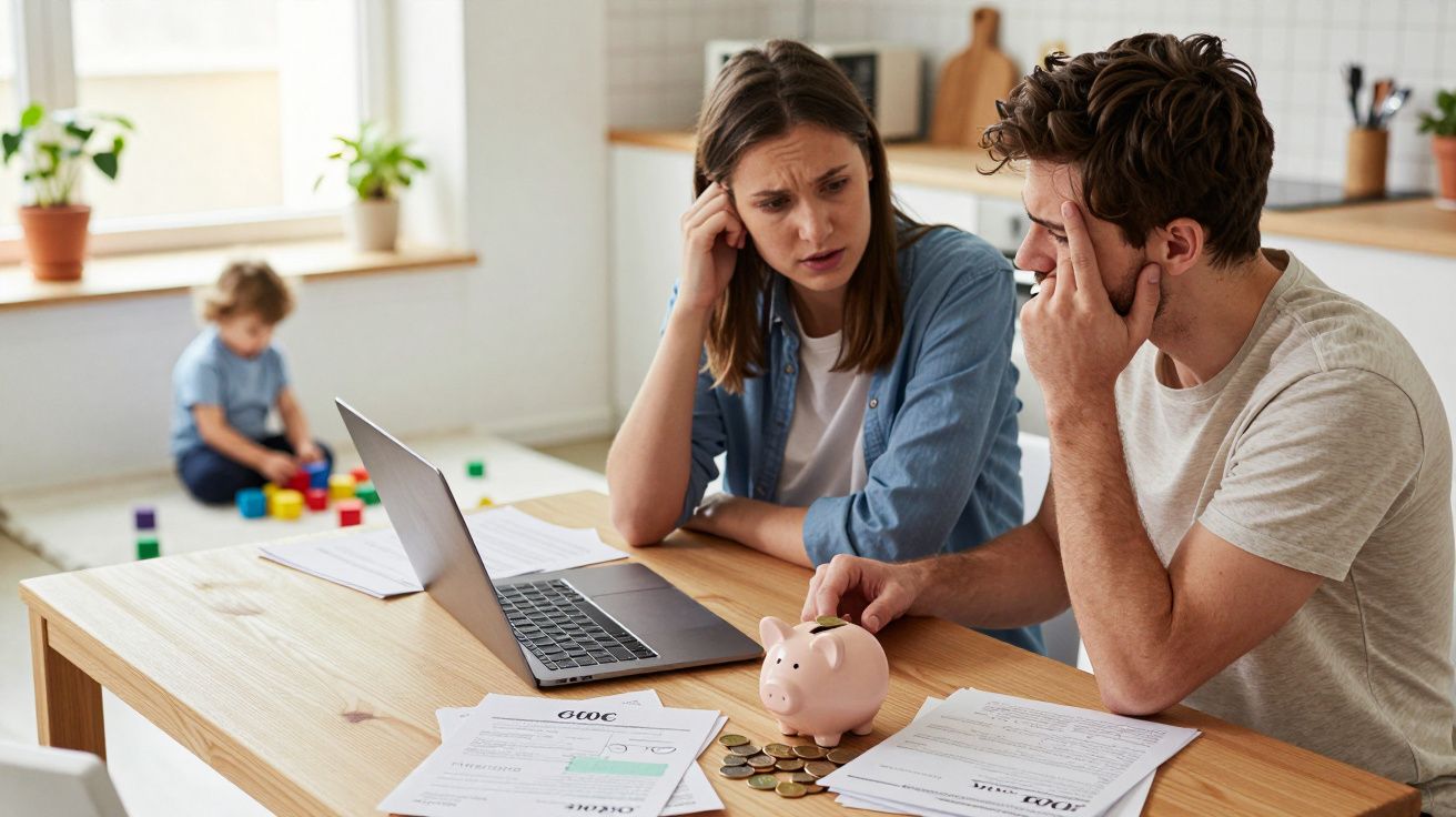 Casal preocupado com finanças, sentado à mesa com documentos, moedas e mealheiro, criança a brincar ao fundo.