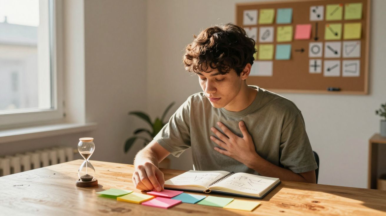 Jovem sentado à mesa a organizar notas coloridas com caderno aberto e ampulheta junto à janela iluminada.