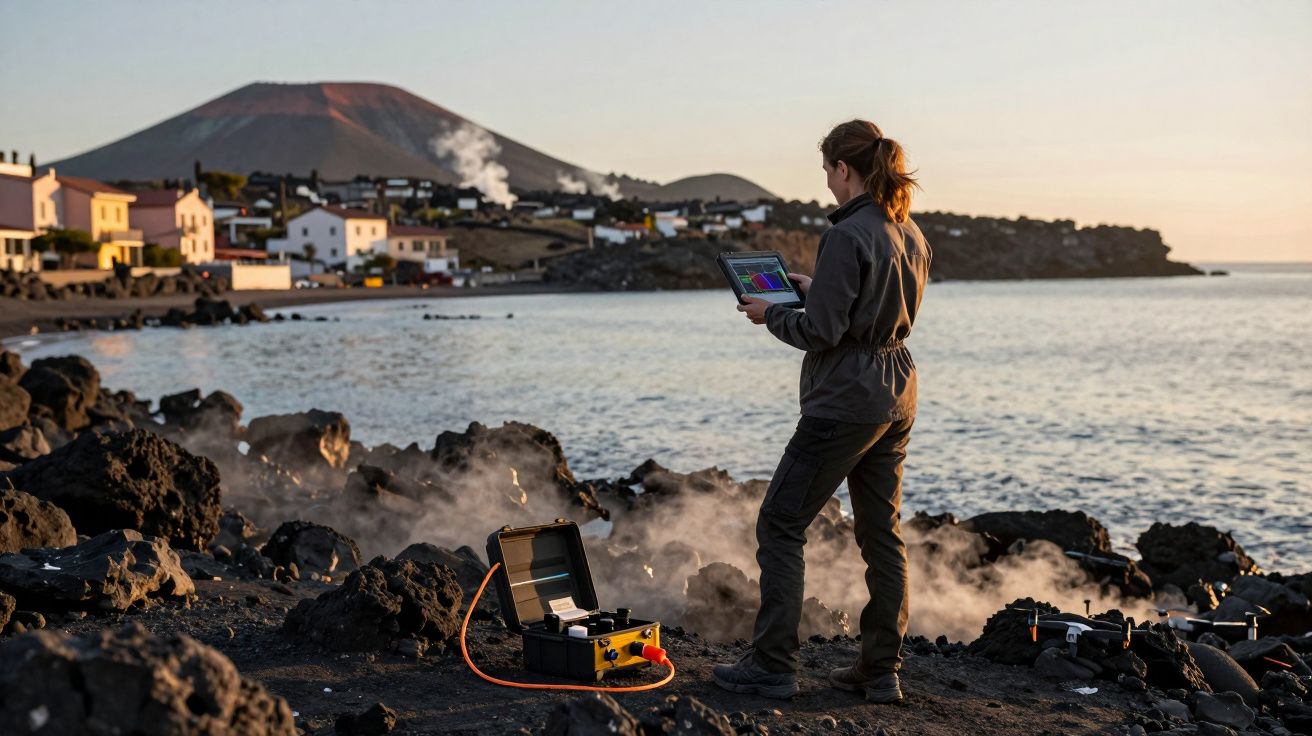 Mulher a usar tablet para monitorizar atividade geotérmica junto a costa rochosa com vulcão ao fundo.