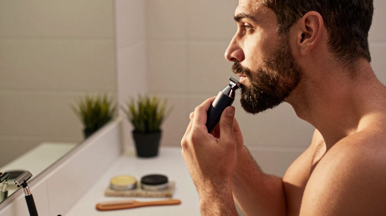 Homem a aparar a barba com uma máquina de cortar pelo num casa de banho.