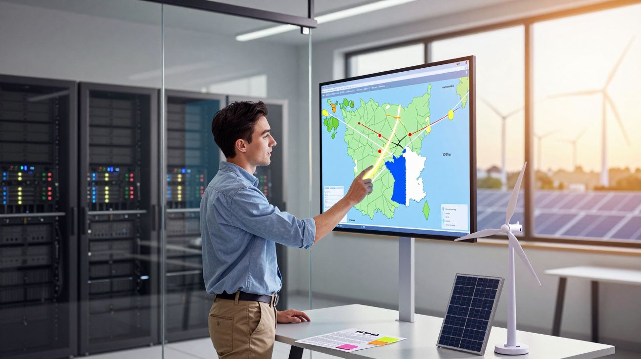 Homem a analisar mapa de rede energética numa sala com janelas para painéis solares e turbinas eólicas.
