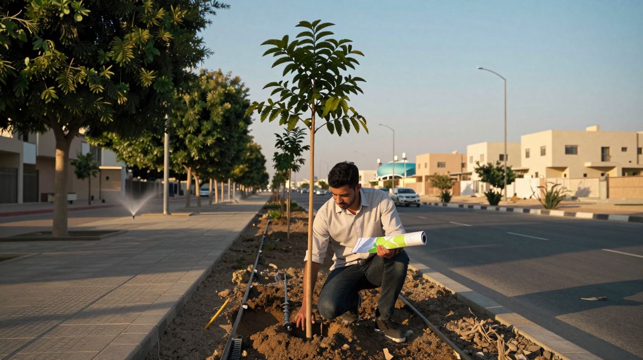 Homem planta uma árvore jovem em canteiro central de rua urbana com casas e automóveis ao fundo.