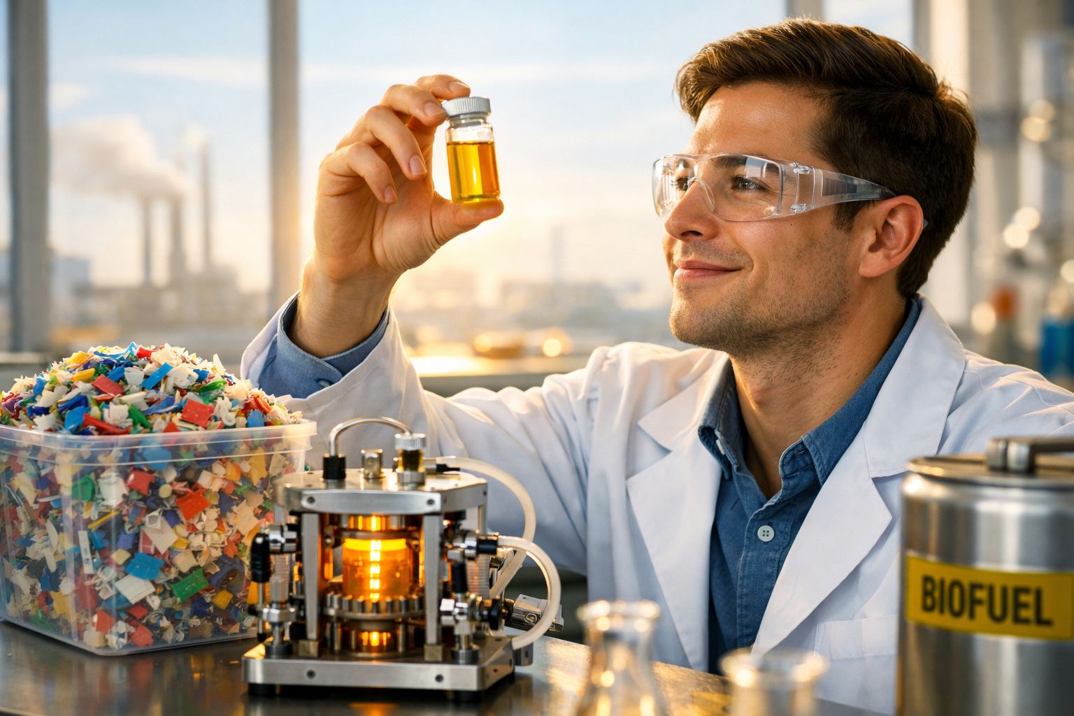 Cientista em laboratório segura frasco com biocombustível à base de plástico reciclado para análise.