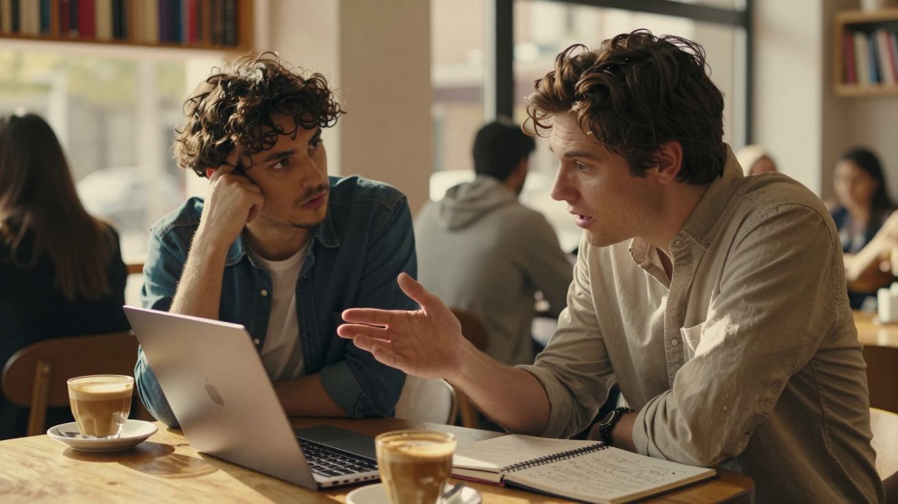 Dois homens jovens conversam numa cafeteria com computador portátil, cadernos e cafés na mesa.