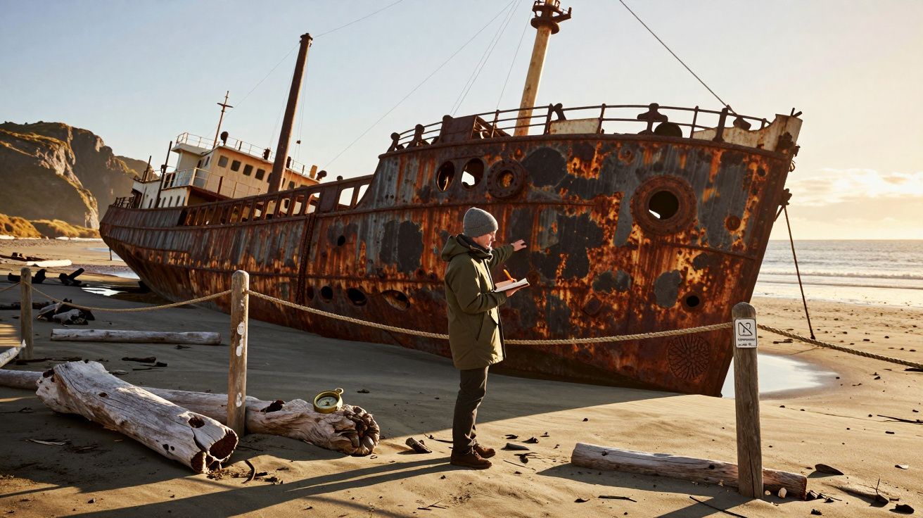 Homem com caderno observa navio enferrujado encalhado numa praia ao pôr do sol.