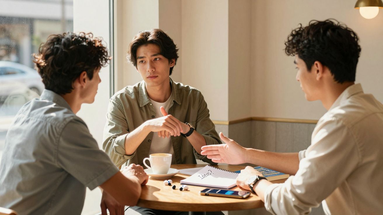 Três homens sentados à mesa de um café discutem ideias com caderno, caneta e telemóvel.