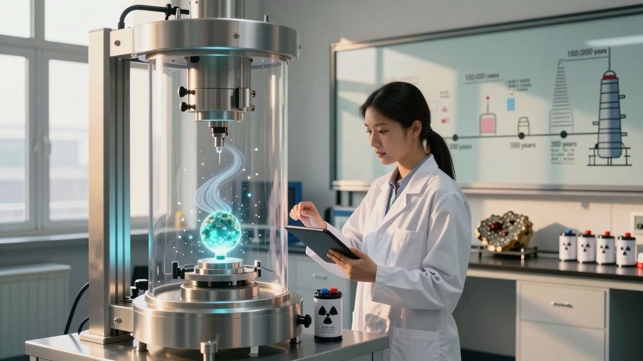 Cientista feminina em laboratório a analisar dispositivo futurista com globo holográfico luminoso no interior.