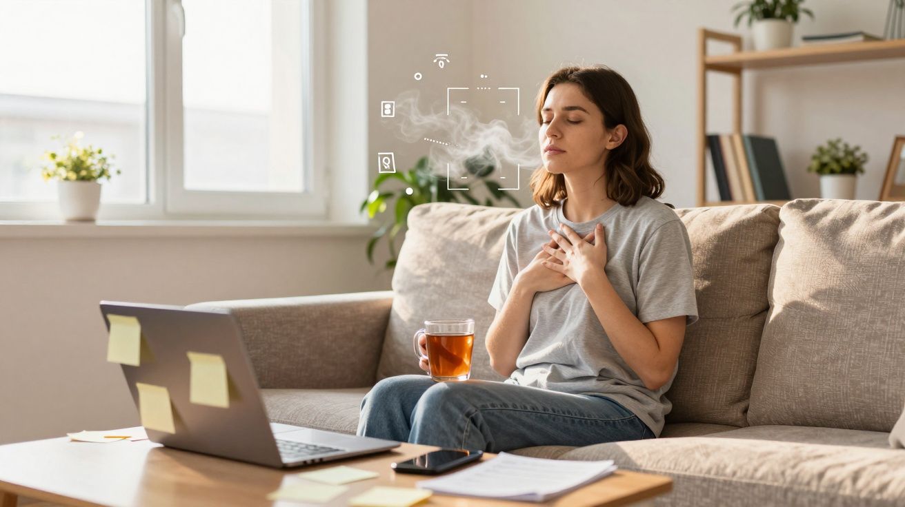 Mulher sentada no sofá com chá, olhos fechados, a praticar respiração profunda e relaxamento.