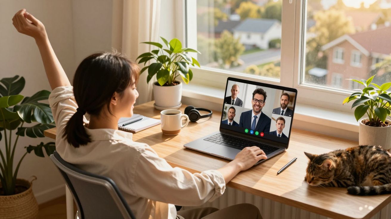 Mulher a alongar-se enquanto participa numa videoconferência, com gato e plantas na secretária.