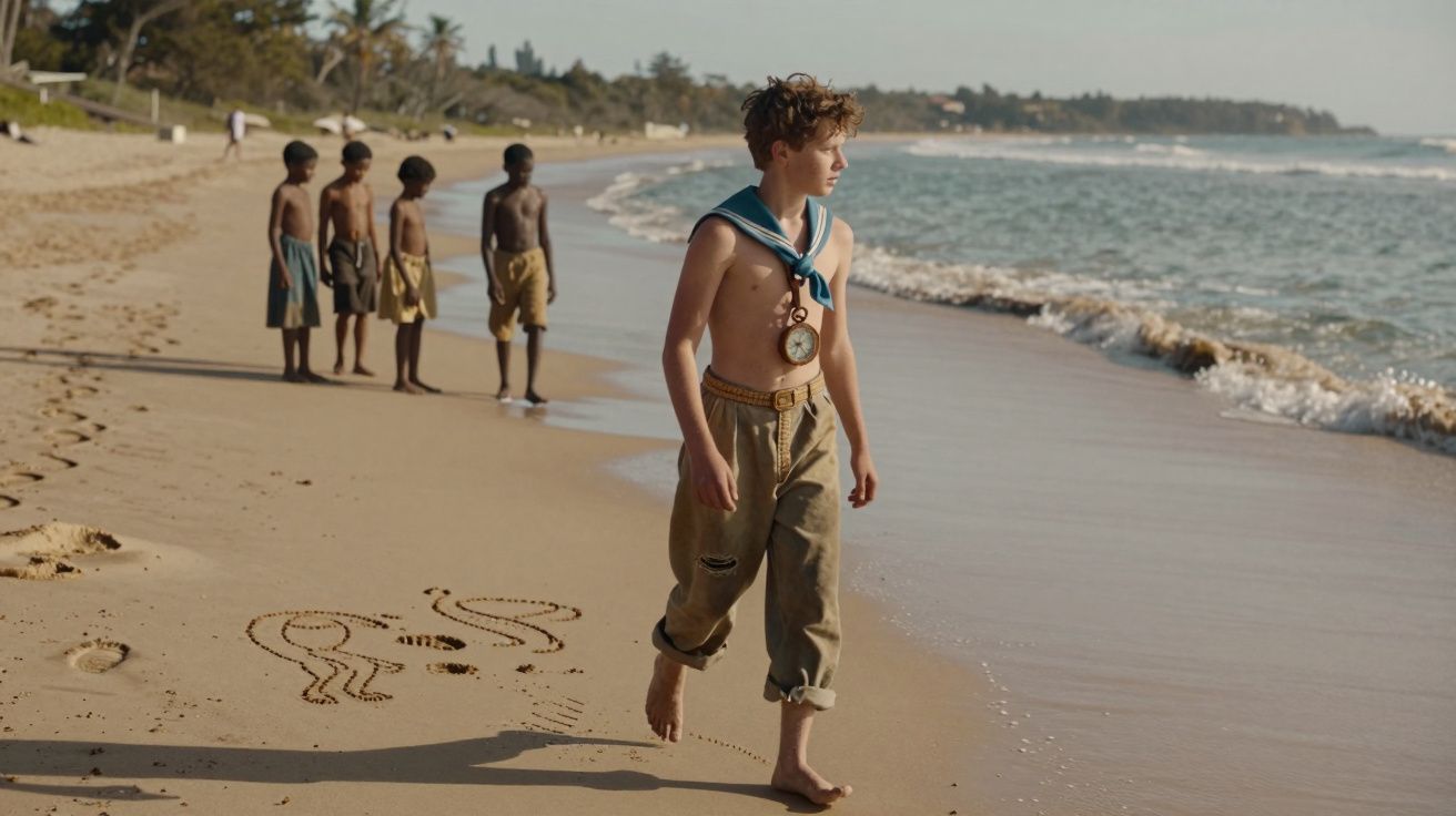 Rapaz com bússola ao pescoço anda descalço na praia, com quatro rapazes ao fundo junto à areia molhada.