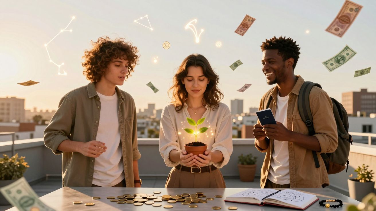 Três jovens num terraço com moedas na mesa, planta jovem luminosa e notas de dinheiro a flutuar à volta.