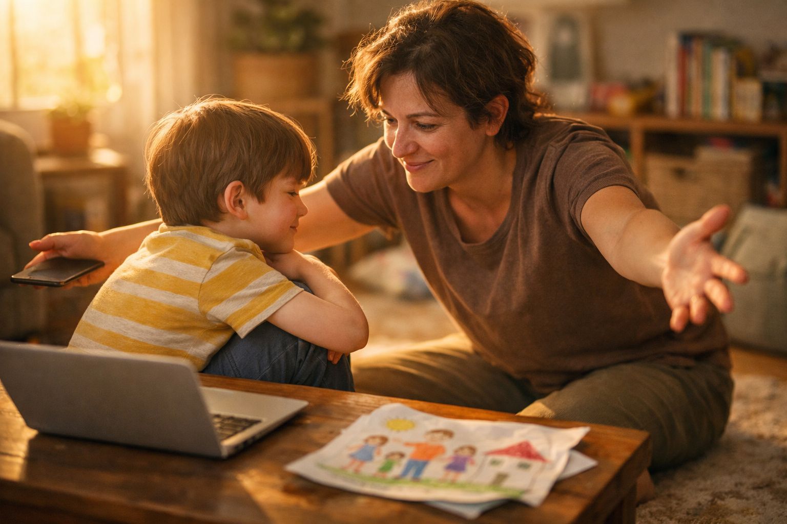 Mulher abraça menino junto a computador portátil e desenho numa mesa numa sala iluminada.