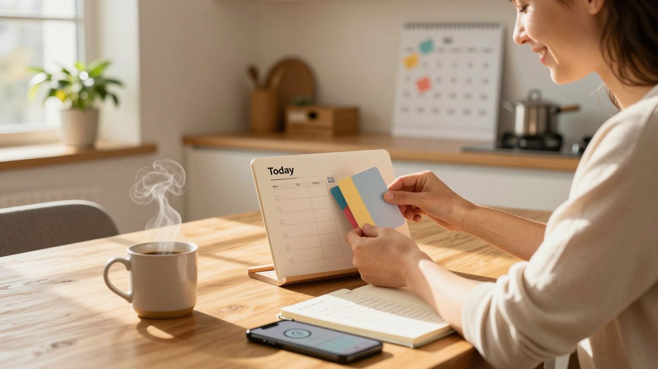 Pessoa a organizar notas coloridas junto a um calendário de mesa, caderno, telemóvel e chá quente numa mesa de madeira.