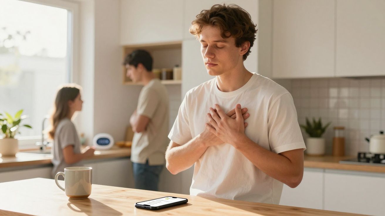 Jovem com as mãos no peito sentado à mesa, casal discute ao fundo numa cozinha luminosa.