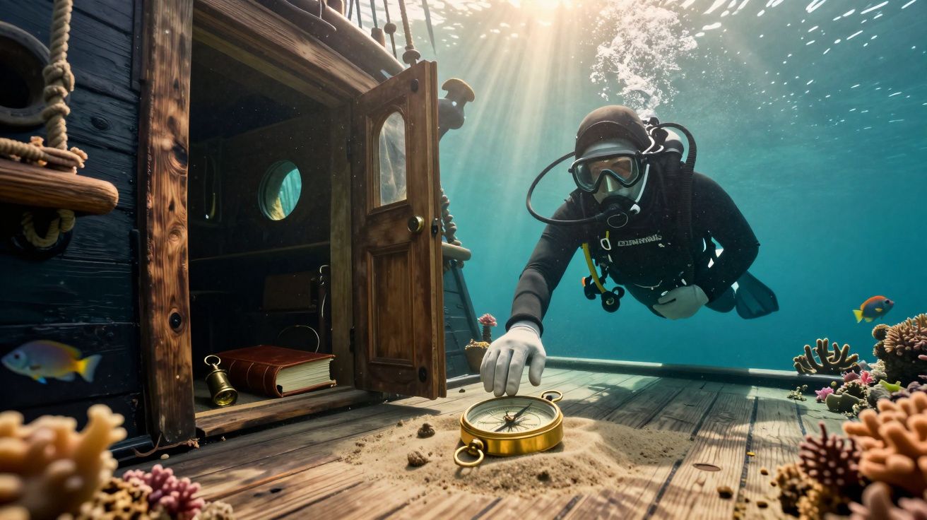 Mergulhador explora casco de navio submerso e pega bússola no fundo do mar rodeado de corais.