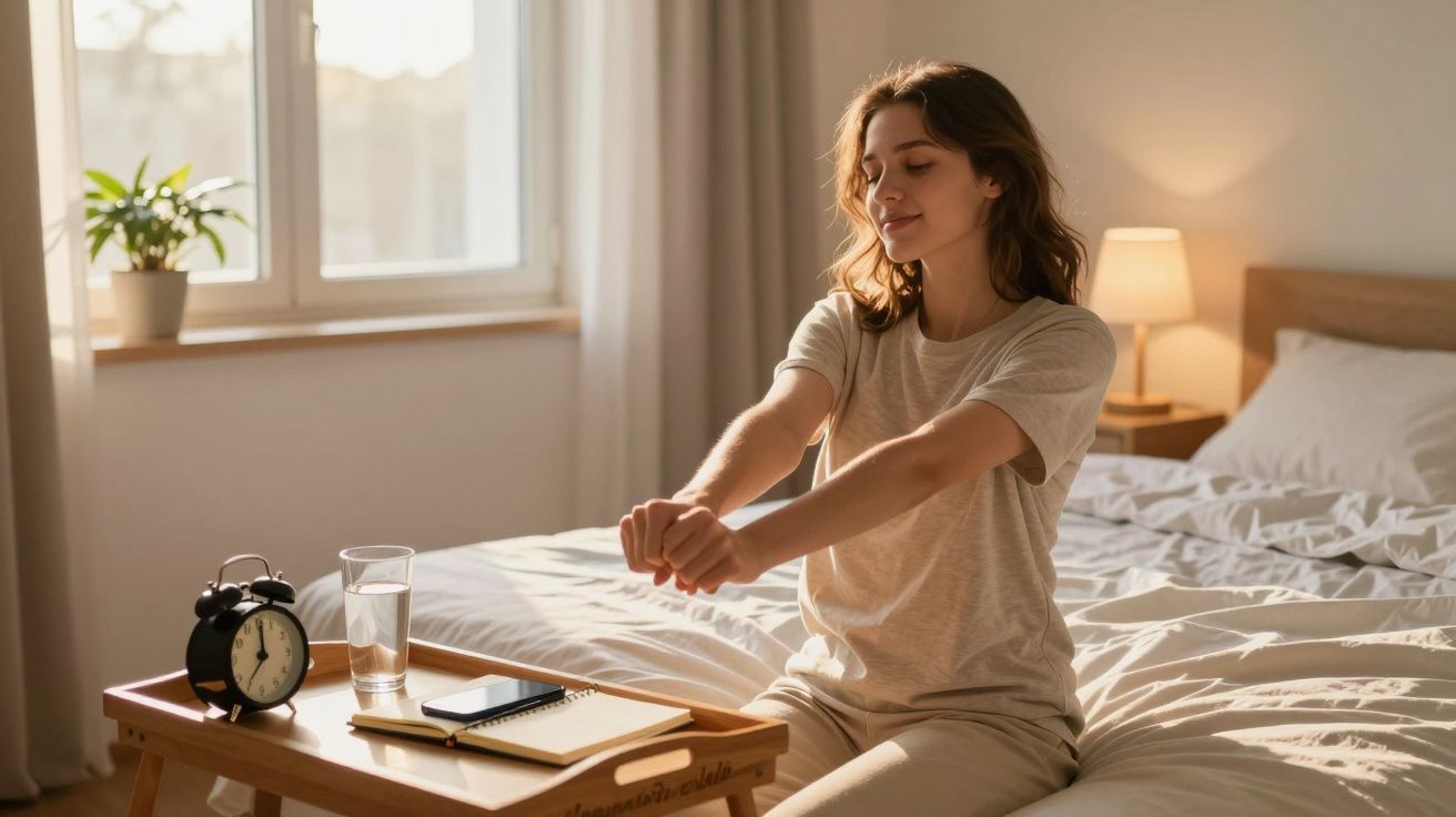 Mulher a despertar e a espreguiçar-se sentada na cama num quarto iluminado pela manhã.