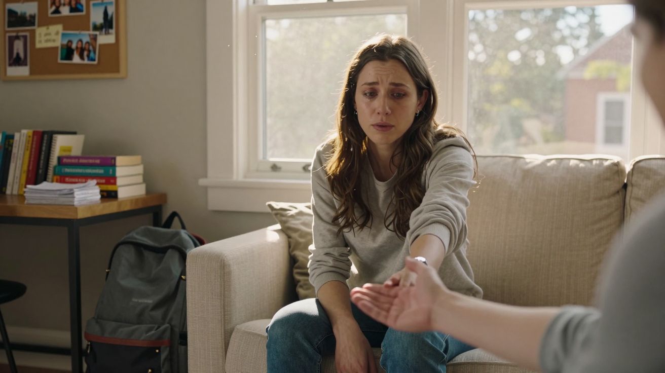 Mulher sentada no sofá com expressão triste, estende a mão para alguém à sua frente.