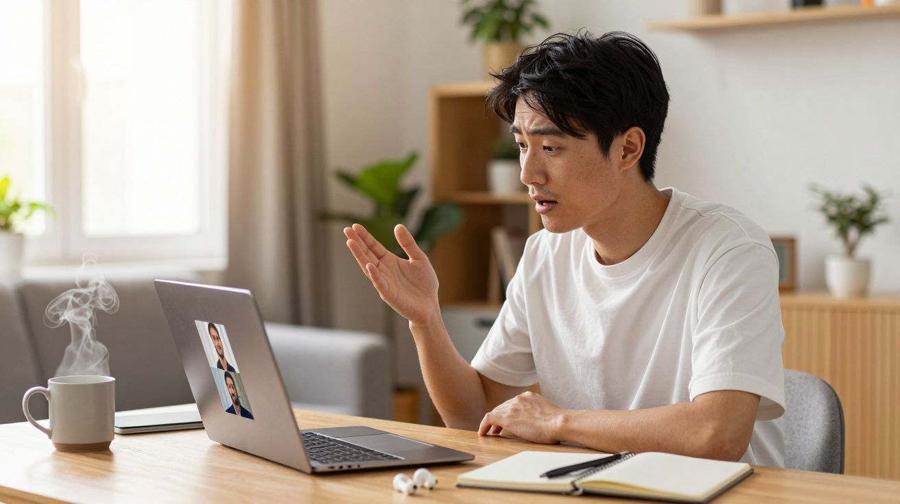 Homem em videochamada com duas pessoas no ecrã, sentado à mesa com bloco de notas e chá fumegante.