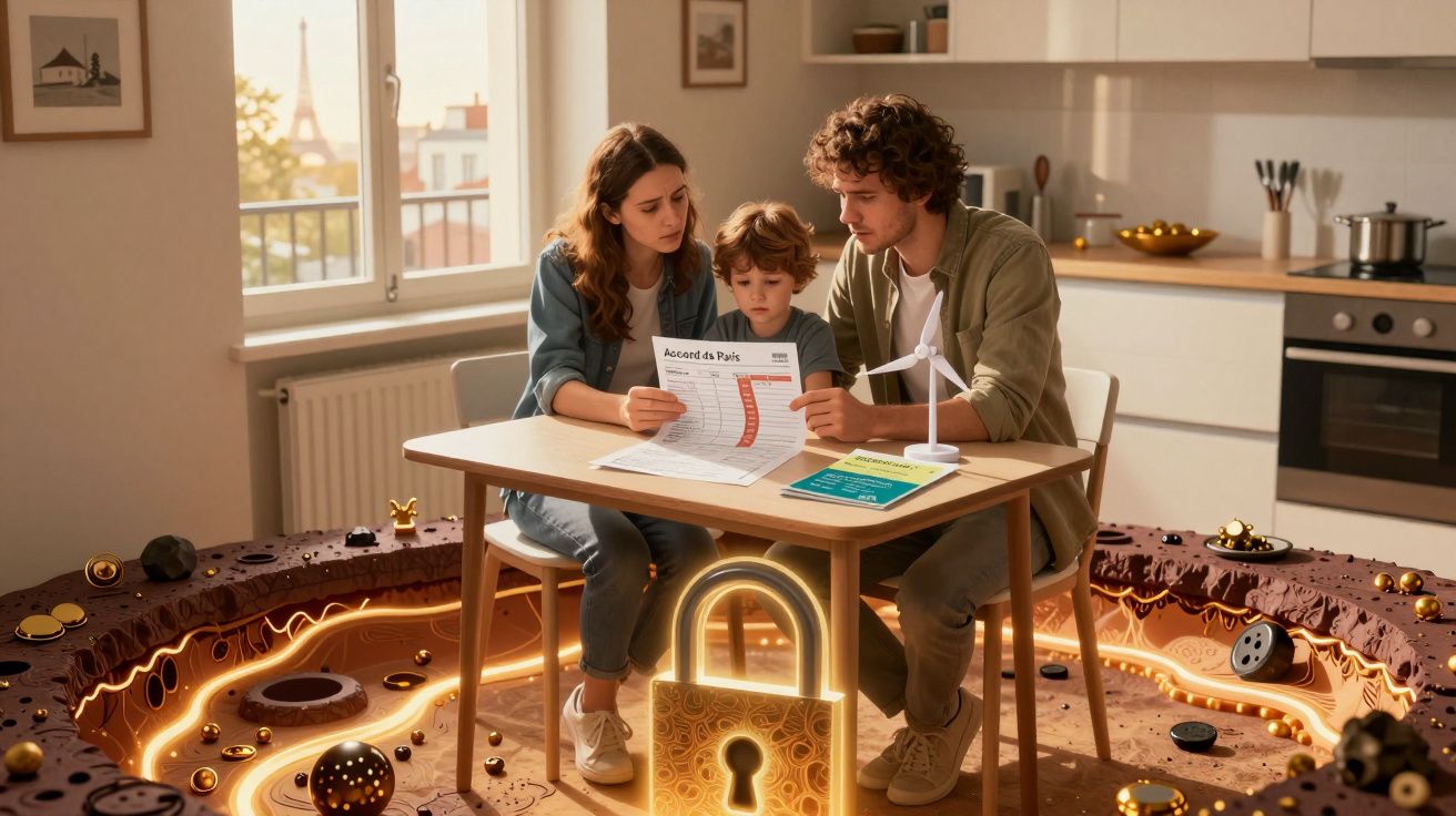 Família sentada à mesa a analisar documentos, rodeada por representação digital de energia e segurança na cozinha.