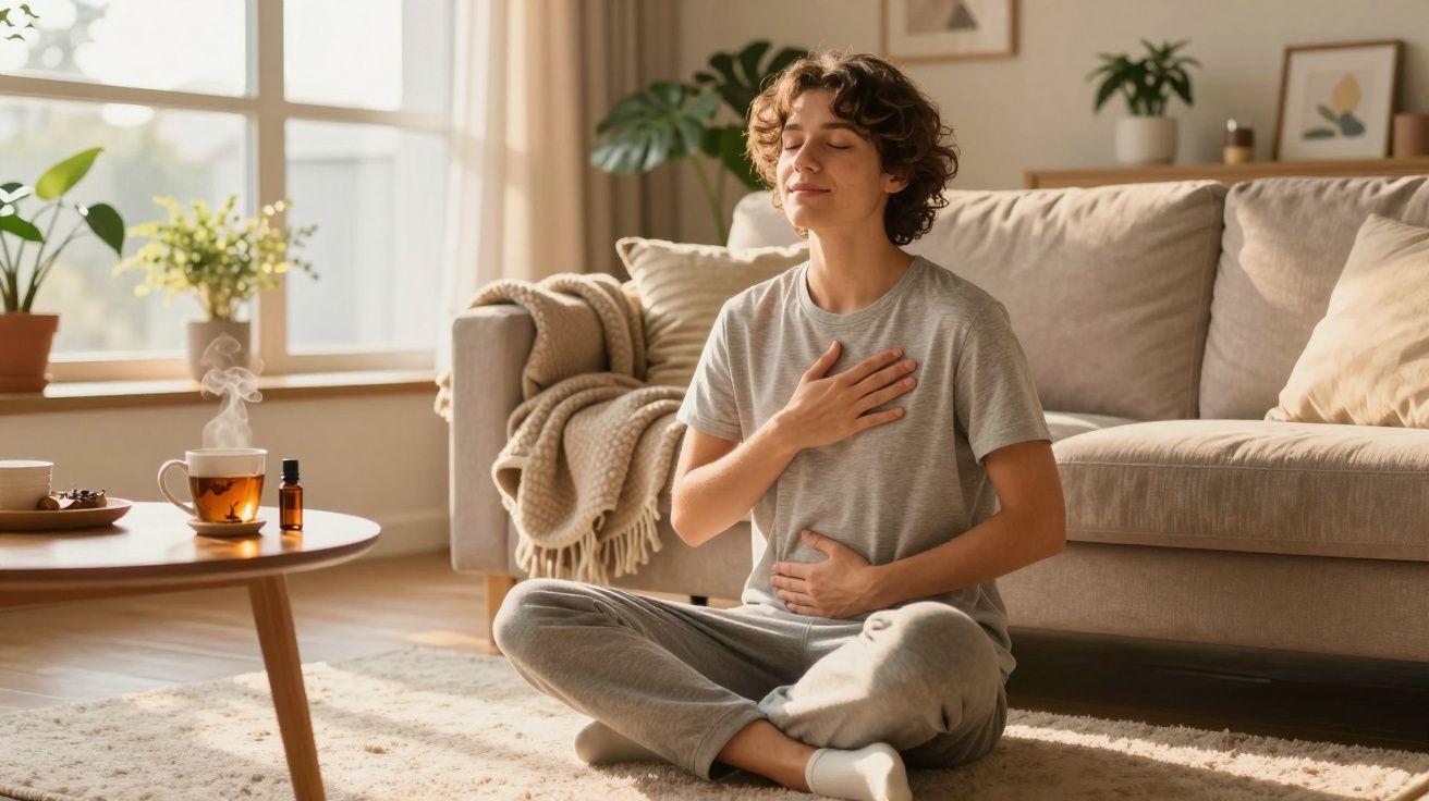 Pessoa sentada no chão em posição de meditação numa sala iluminada, com uma mão no peito e outra na barriga.