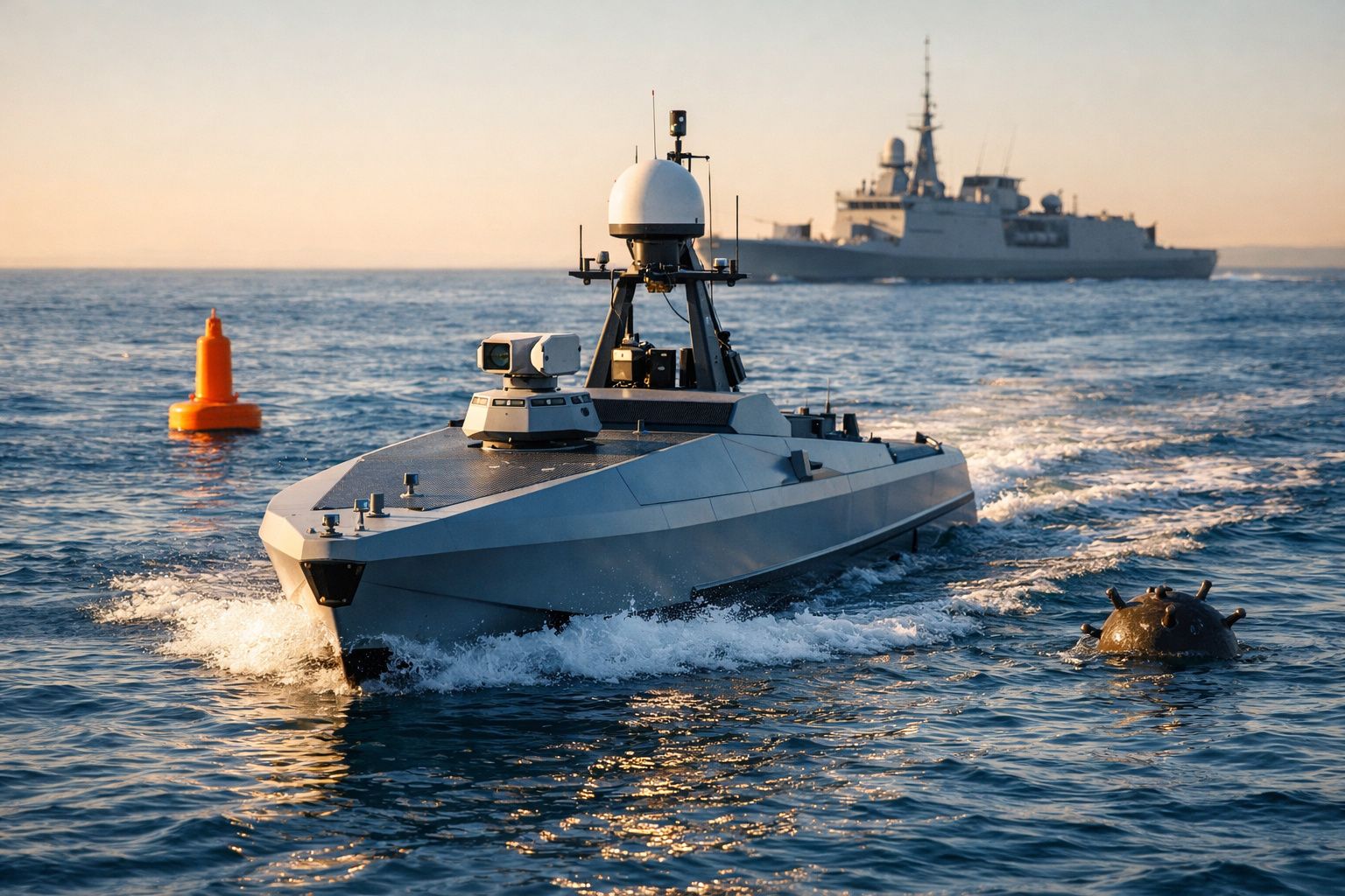 Veículo naval não tripulado a navegar em mar calmo com navio militar ao fundo e bóia laranja à esquerda.