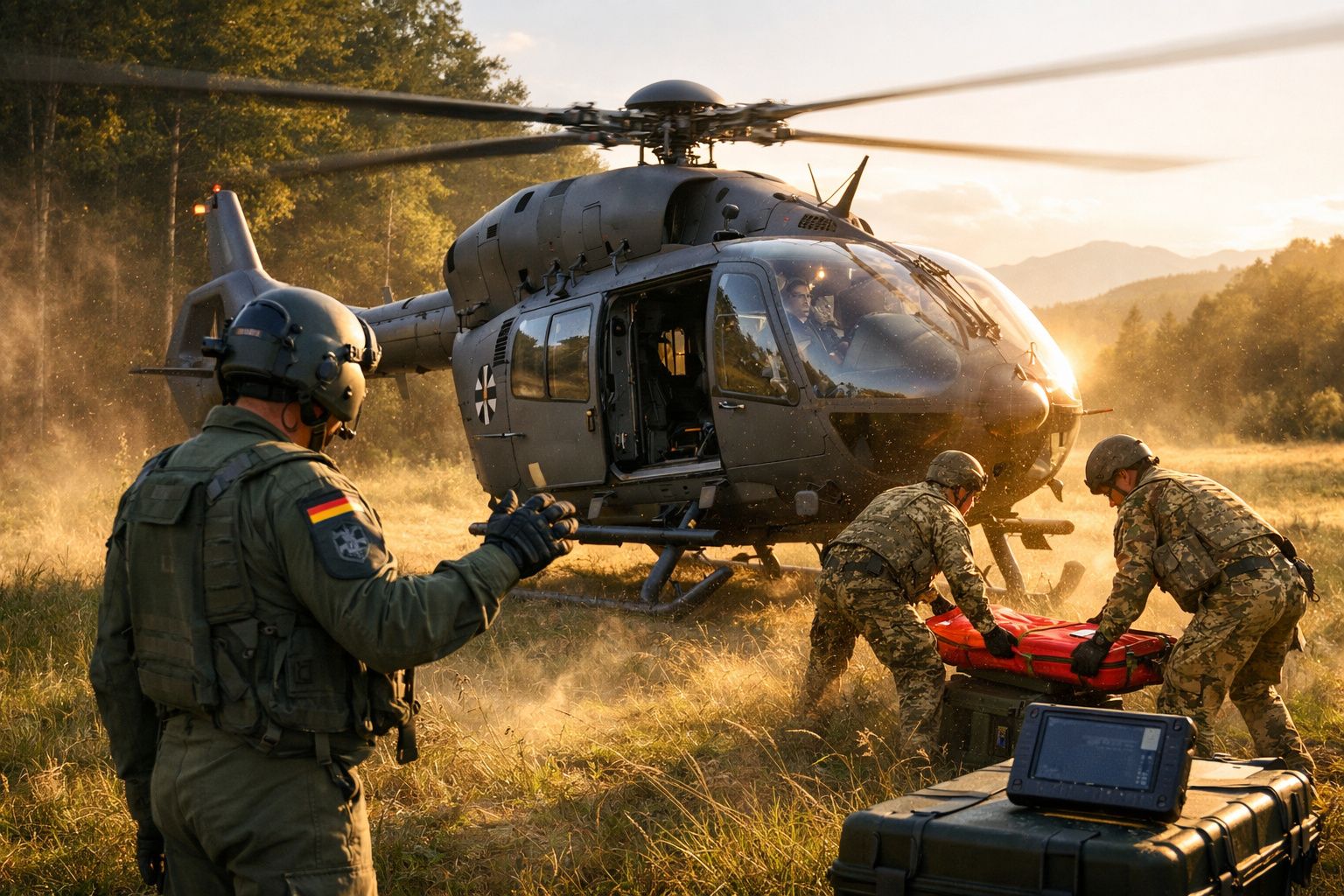Soldados em uniforme militar transportam maca para helicóptero em campo ao pôr do sol.
